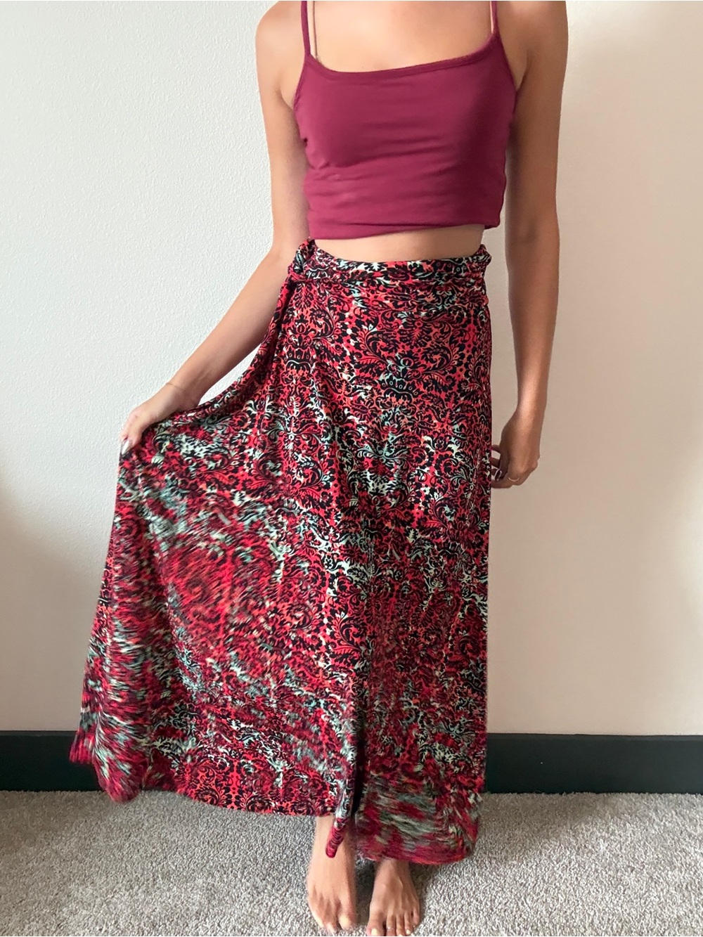 Red Printed Maxi Wrap Skirt - Women's Floral Pattern